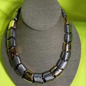 Goldtone silvertone panel link collar choker necklace